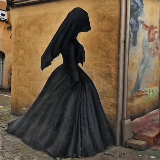 Prompt: This street art was painted in 1937 during the Guerra Civil Española. The woman in the street art is weeping. She is wearing a black dress and a black veil. Her face is distorted by grief. The street art is dark and somber. dutch golden age, Baroque by Marc Simonetti playful