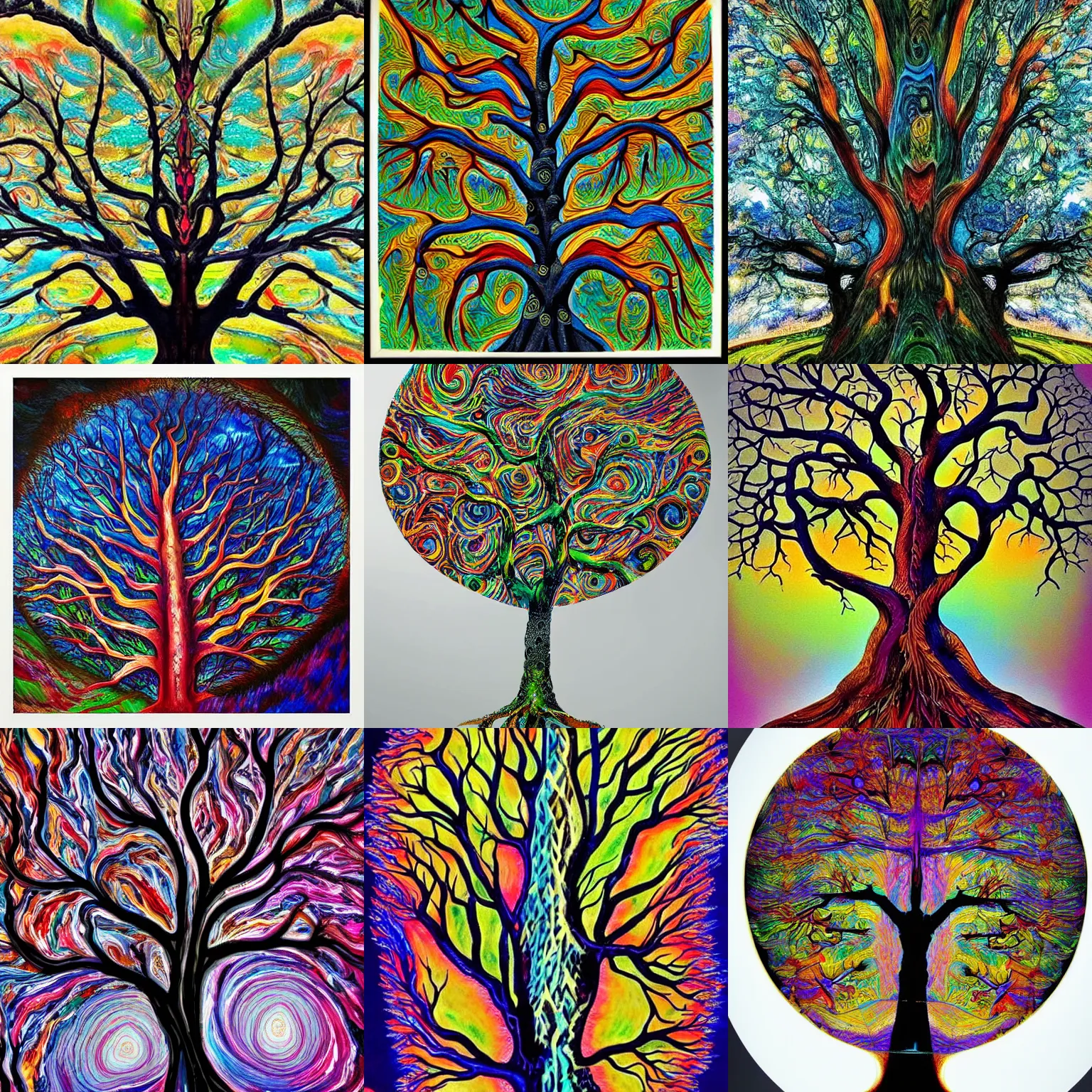 Prompt: a tree, on each branch there is a different animal, masterpiece, top of art, awesome, breathtaking, micro details. painted by masters of illusion and abstract thinking, slightly psychedelic