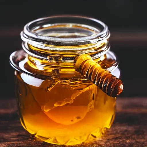 Prompt: HD macro photo of honey dripping slowly into a jar, beautiful detailed high quality