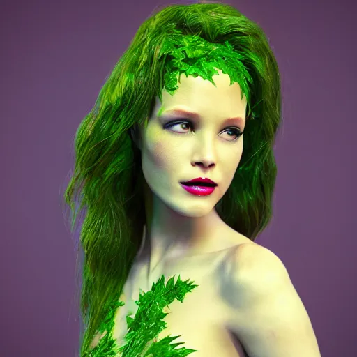 Image similar to poison ivy modeling for vogue magazine, starlet, adorable, beautiful, shiny, octane render, 8k, hyper realistic,