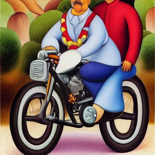 Image similar to ghandi riding a motorcycle by botero