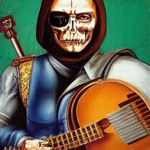 Prompt: a t - 8 0 0 terminator as a mariachi band member, painting by leonardo da vinci, coherent, highly detailed, vibrant in color, n - 1 3