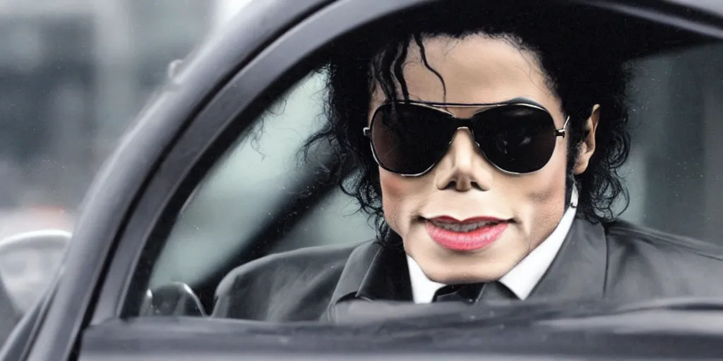 Image similar to michael jackson 2 0 0 9 wearing shades, alone, this is it style, photo real, pores, motion blur, sitting in black car with window open, by himself, real life, spotted, ultra realistic face, accurate, 4 k, movie still, uhd, sharp, detailed, cinematic, render, modern