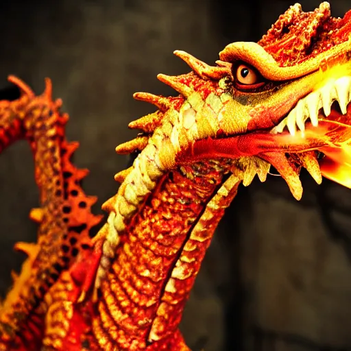 Prompt: close up of a flamming dragon, cinematographic shot,