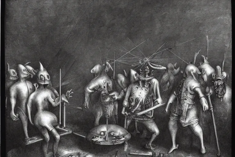 Image similar to a photo of plague doctors with rube goldberg machines in the fog by joel peter witkin, heironymus bosch, gustave dore, beksinski