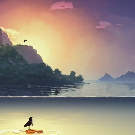 Prompt: a wholesome animation key shot of a crow on a boat in the night, island in the background, medium shot, studio ghibli, pixar and disney animation, sharp, rendered in unreal engine 5, anime key art by greg rutkowski, bloom, dramatic lighting