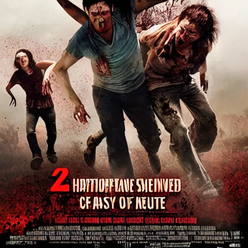 Prompt: movie poster of zombies chasing two survivors, hyperrealistic