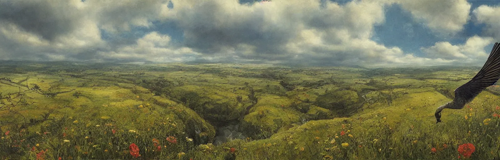 Image similar to A meadow with a stream, birds eye view with horizon visible, illustration, detailed, smooth, soft, warm, by Adolf Lachman, Shaun Tan, Surrealism