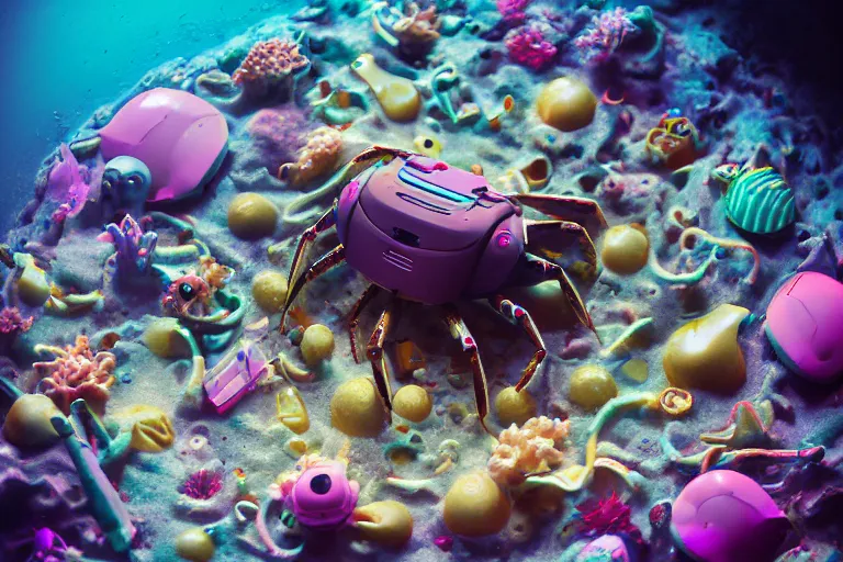 Image similar to robot kawaii cute cyborg - crab underwater, in 2 0 1 2, bathed in the the glow of a crt television, crabcore cybercore, low - light photograph, photography by tyler mitchell