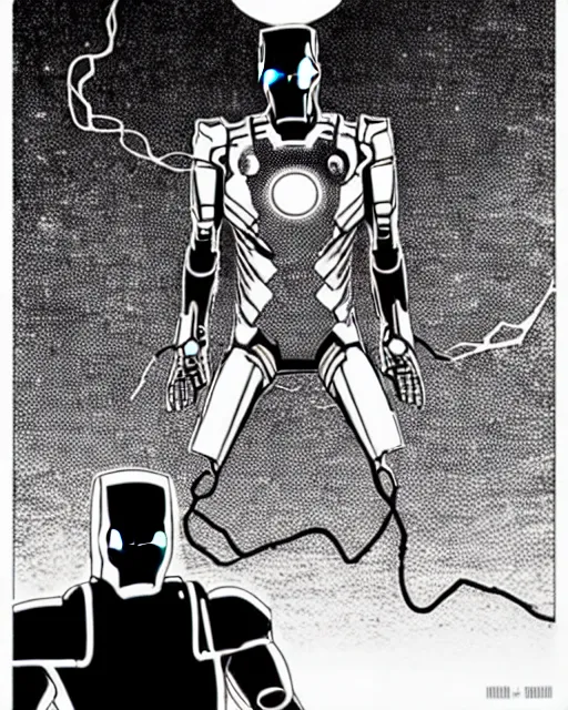 Image similar to black and white sad iron man with wires on hands on the destroed moon, iron man eat banana, wires earth background, by tsutomu nihei