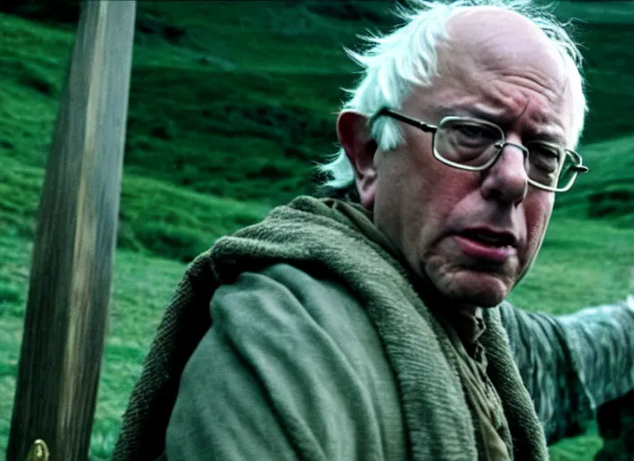 Image similar to film still of bernie sanders as frodo in lord of the rings movie, 8 k