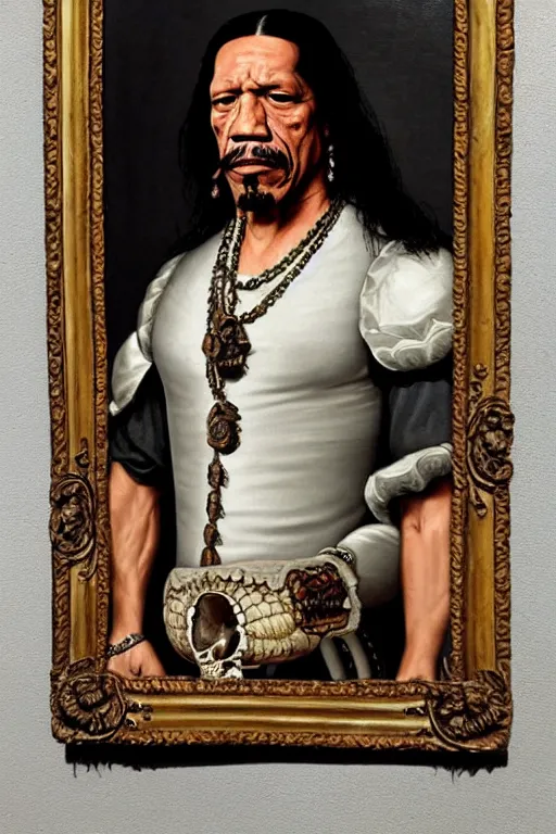 Image similar to a 1 6 0 0 s framed portrait painting of danny trejo holding a skull, intricate, elegant, highly detailed