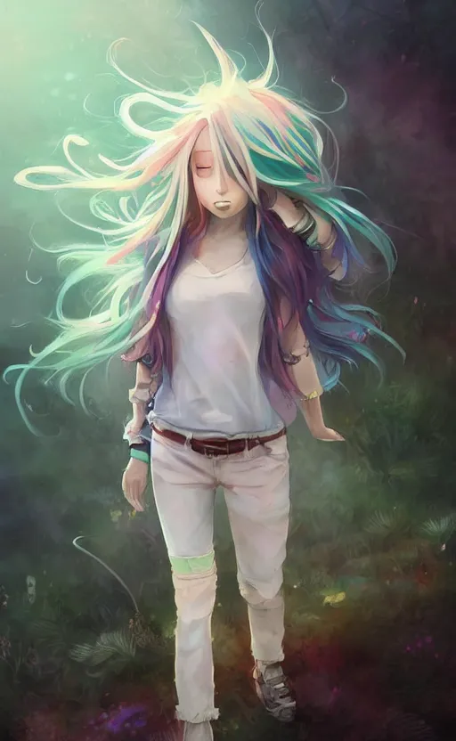 Image similar to a kawaii woman with rainbow hair, soft eyes and narrow chin, dainty figure, long hair straight down, kawaii shirt and jeans, basic white background, In style of by Jordan Grimmer and greg rutkowski, crisp lines and color