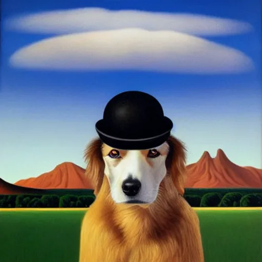 Image similar to a rene magritte painting of a dog wearing a hat, mountains in the background, award winning painting, detailed, surreal, symmetrical, clean, smooth, aesthetic