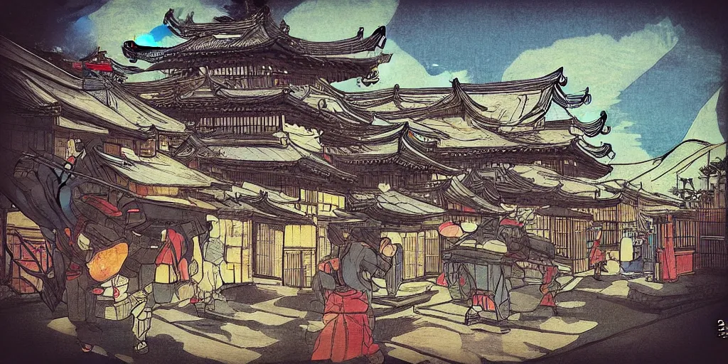 Prompt: “woodblock scene depicting cozy Japanese village being protected by a large gundam. POV from street level.”