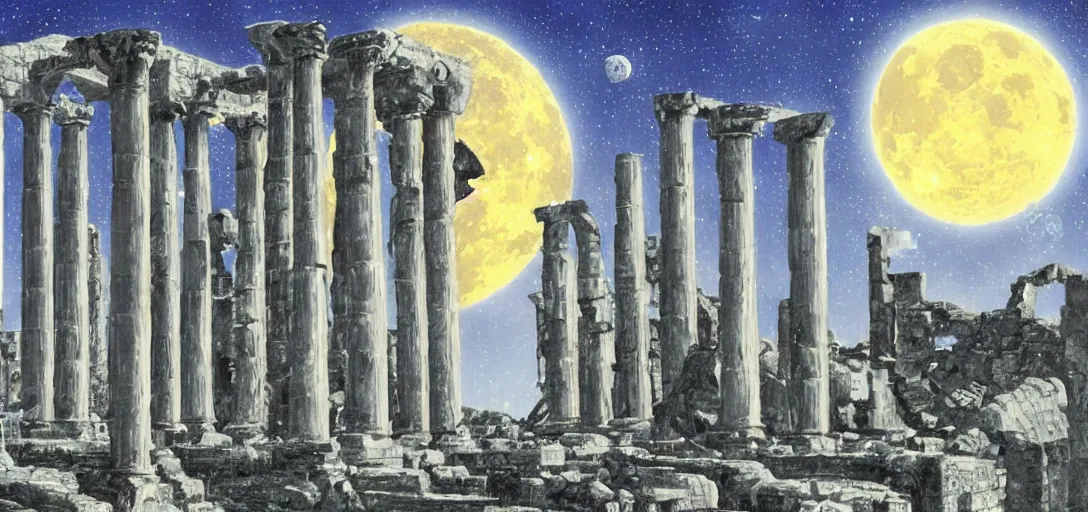 Image similar to The ruins of the Silver Millennium on the moon from Sailor Moon, digital painting, planet Earth in the distance, Greek-esque columns and ruins