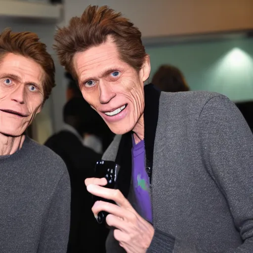 Prompt: Willem Dafoe and Jerma taking a selfie together, Willem Dafoe is on the left, Jerma is on the right, Willem Dafoe is wearing dark gray sweater and a black blazer, Jerma is wearing a light gray sweatshirt, 4k resolution, 8k resolution, HD Quality, highly detailed, very detailed, detailed, studio quality lighting, digital art, trending on artstation