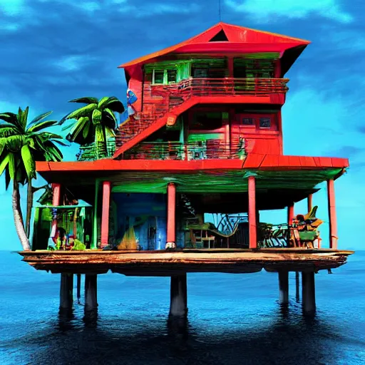 Prompt: Gorillaz Plastic Beach house on island, Realistic, HDR, 2010 style,,