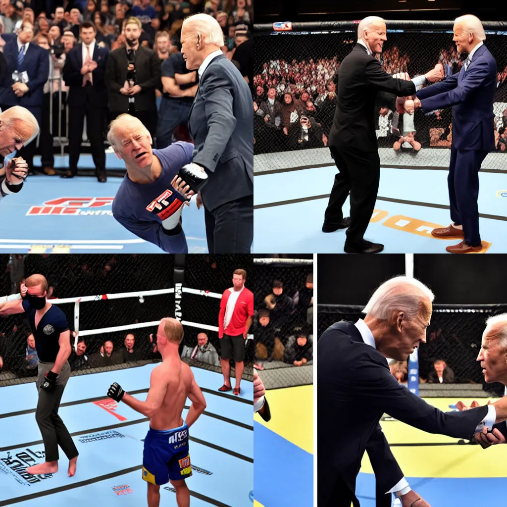 Prompt: Connor Mcregor in a fight face off with Joe Biden for a UFC fight