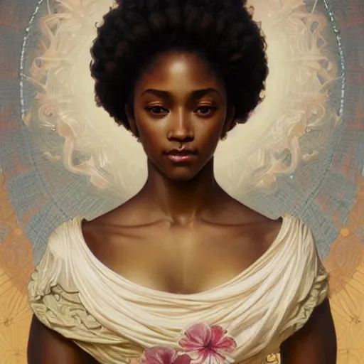 Image similar to portrait of afro goddess, intricate, elegant, highly detailed, digital painting, artstation, concept art, smooth, sharp focus, illustration, art by artgerm and greg rutkowski and alphonse mucha and william - adolphe bouguereau