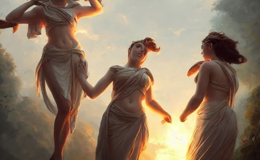 Prompt: a painting of athena and aphrodite trending on artstation in the style of greg rutkowski