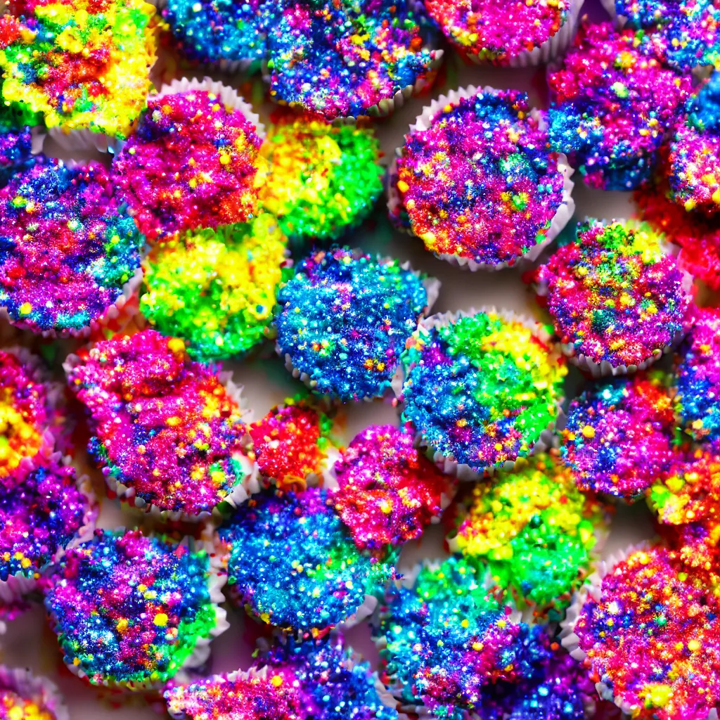 Prompt: colourful macro photo of galaxy cupcakes, photorealistic, dynamic lighting, bokeh, Zeiss 100mm lens