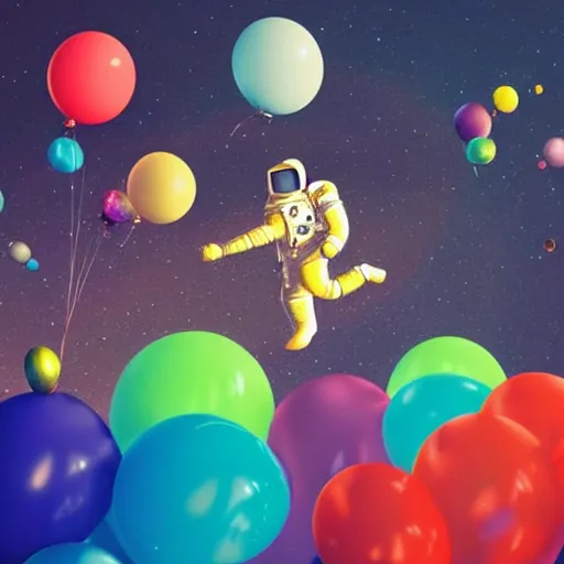 Image similar to an Astronaut floating away holding onto a bunch of colourful balloons, vivid colors, artstation