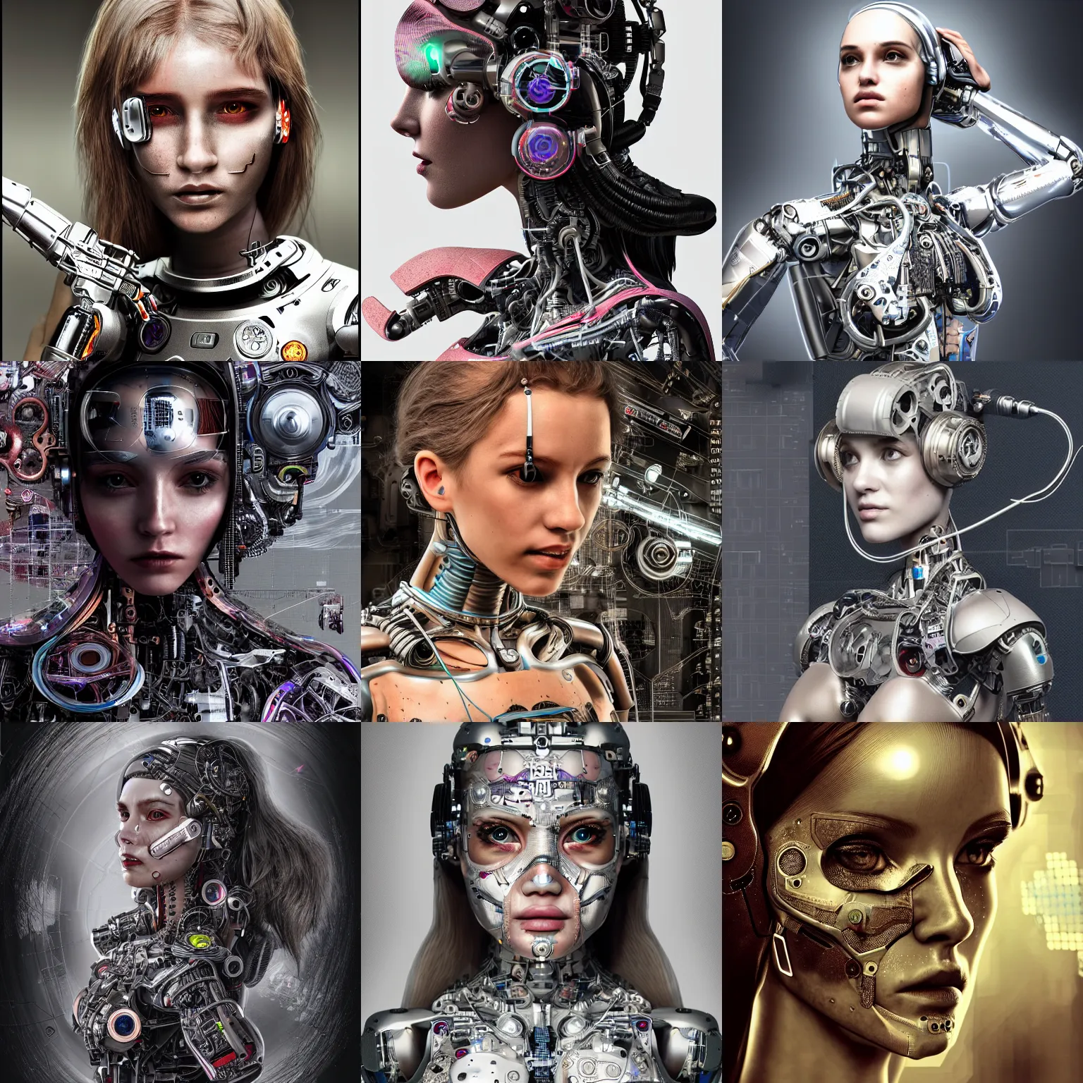 Prompt: cyborg girl with internal mechanism and details, Super-Resolution, HSL, 2-bit, VR, Uniform, Nano, Senary, RTX, insanely detailed and intricate, hypermaximalist, elegant, ornate, hyper realistic, super detailed, full body,