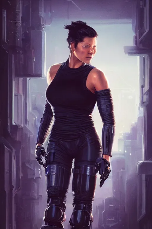 Image similar to gina carano with robotic left arm, casual black clothing, casual pose, large portrait, cyberpunk, digital painting, artstation, concept art, smooth, 8 k frostbite 3 engine, ultra detailed, art by artgerm and greg rutkowski and magali villeneuve