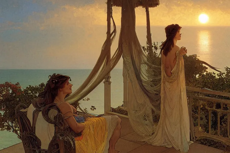 Image similar to a matte painting of a man watching the sunset with his wife in his house by the beach, by greg rutkowski, by alphonse mucha, muted colors