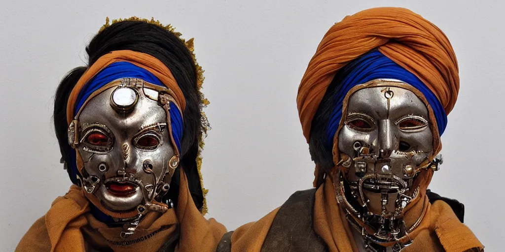 Prompt: a beautiful cyborg made of ceremonial sikh maske