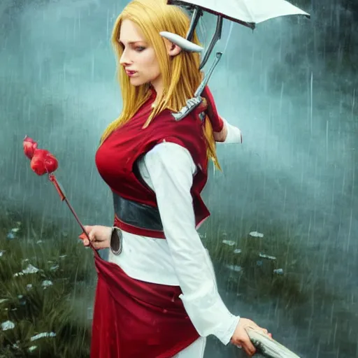 Image similar to elf woman standing in rain, short blonde hair, red and white chef's apron, sharp focus, intricate, smooth, ultra realistic digital art, d & d, high fantasy, pointed ears, elegant, by artgerm, greg rutkowski, raymond swanland, alphonse mucha