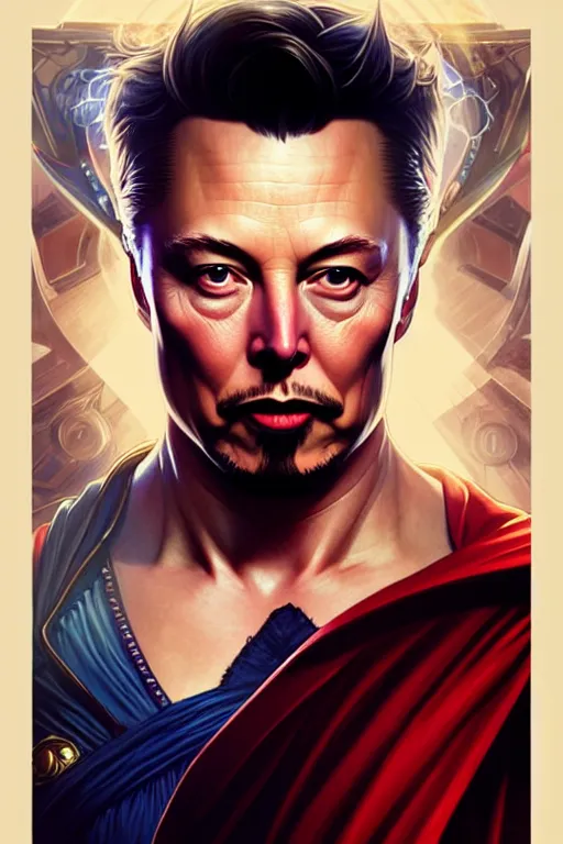 Image similar to elon musk as dr strange, realistic portrait, symmetrical, highly detailed, digital painting, artstation, concept art, smooth, sharp focus, illustration, cinematic lighting, art by artgerm and greg rutkowski and alphonse mucha