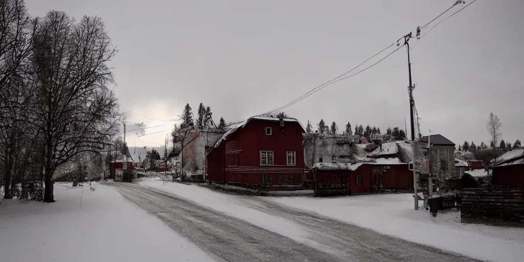 Prompt: depressing finnish rural town during winter, movie still, david lynch film, low - key light, wide shot
