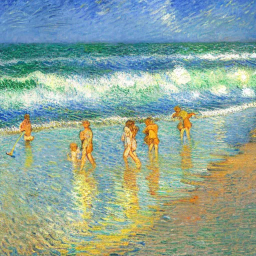 Image similar to modern people swimming and paddling in the sea at brighton uk the sunlight catches the waves, sparkling and glistens, glittering, near the beach on a hot sunny day painted monet and van gogh painterly style