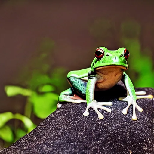 Image similar to closeup of a frog sitting on a stone in a forest, wildlife photography