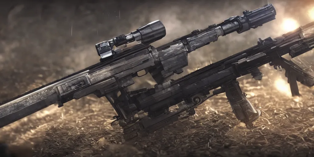 Image similar to sci - fi energetic rifle with scratches, close up shot, unreal engine, octane, studio light, commercial shot, hdr, focusing