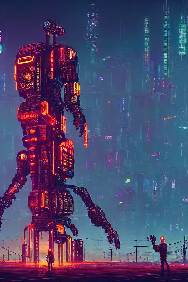 Prompt: magnificent cyberpunk mechatower made out of billions of stacked computer screens by simon stalenhag, el bosco and dan mumford, omnipresent ai god, mass effect fantasy, cinematic lighting, golden hour