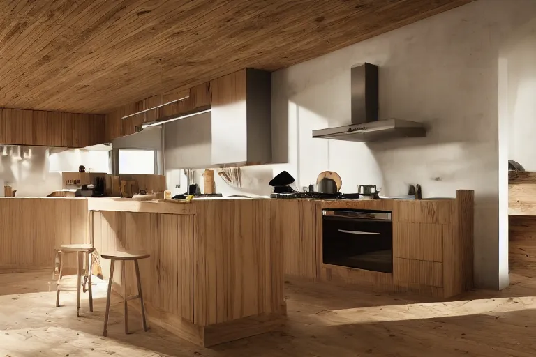 Image similar to a kitchen with kitchenisle by peter vetsch, organic design, wood msterials, natural materials, photography, promotional photoshoot, zeiss lens, design, studio lighting, 8 k, high detail