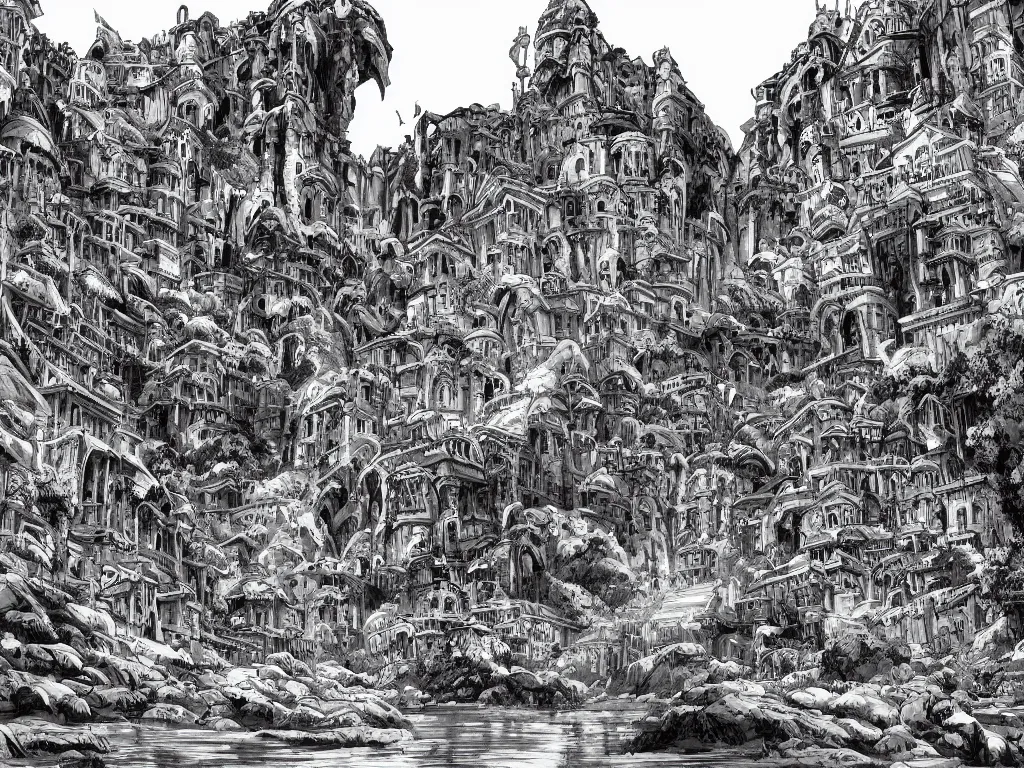 Prompt: concept art of looming crooked ancient town, artstation, ink, line art, black white, rolling hills, waterfall, river, overwhelming, extremely detailed, dominating palace with white walls on top of the hill center