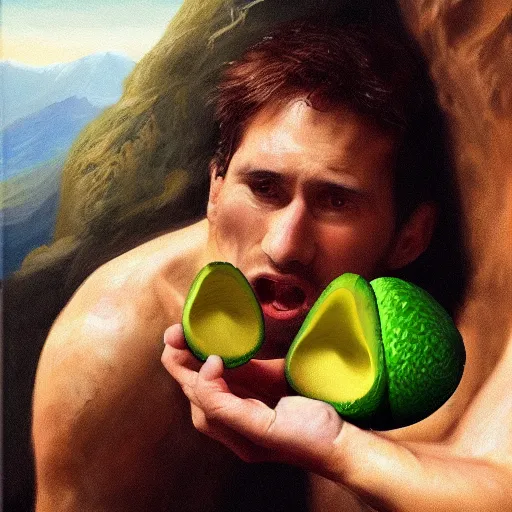 Prompt: man in a cave eating an avocado, ultrarealistic, photorealism, golden ratio, art canvas, award winning, masterpiece, trending on artstation 8 k 1 5 0 mpx