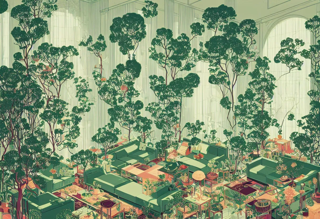 Image similar to luxury living room full of plants and trees by victo ngai