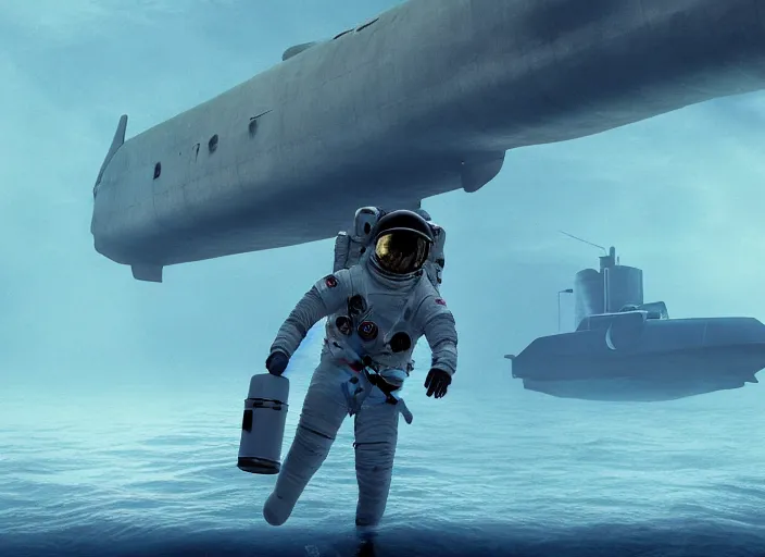 Image similar to astronaut holding a flag in an underwater desert. a submarine is visible in the distance. dark, concept art, cinematic, dramatic, atmospheric, 8 k, trending on artstation, blue, fish, low visibility, fog, ocean floor, christopher nolan, interstellar