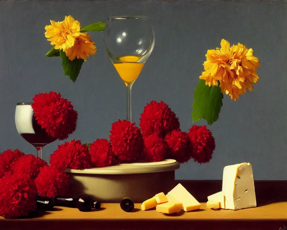 Image similar to an achingly beautiful still life featuring blooming flowers, tillamook cheese, and red wine by Raphael, Hopper, and Rene Magritte. detailed, romantic, enchanting, trending on artstation.