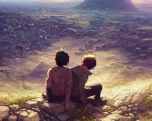 Image similar to a boy and a girl sitting on a hill overlooking the apocalyptic ruins of a city, rubble, ruins, post-apocalyptic, gloomy, end of the world, dust. By Makoto Shinkai, Stanley Artgerm Lau, WLOP, Rossdraws, James Jean, Andrei Riabovitchev, Marc Simonetti, krenz cushart, Sakimichan, D&D trending on ArtStation, digital art.