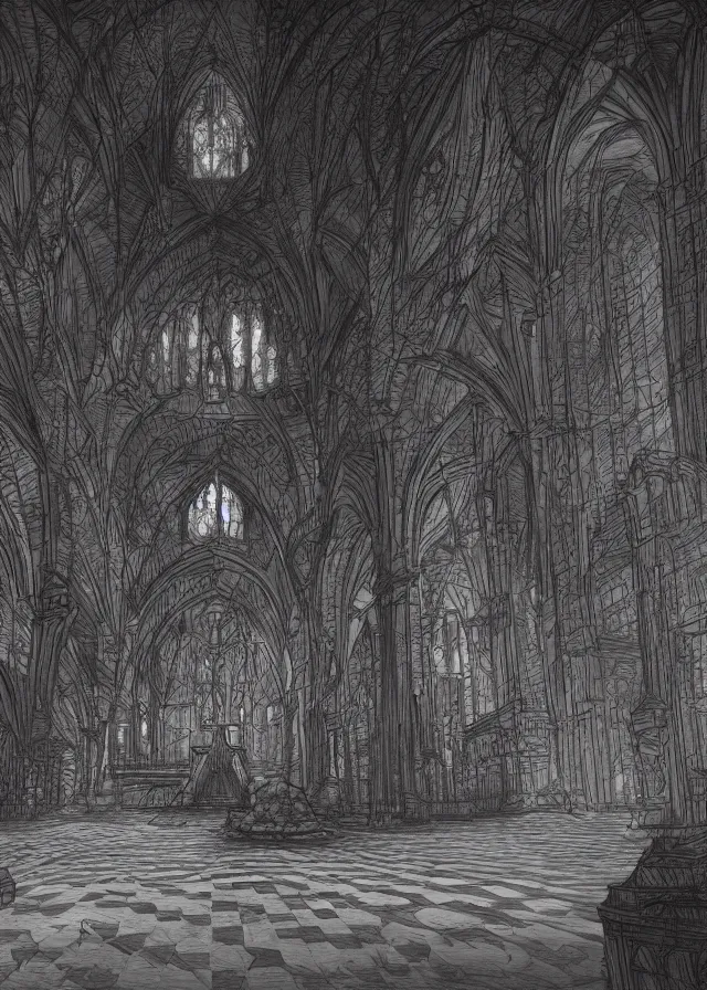 Image similar to interior of a satanic cathedral with checkered floor, pencil, concept art, detailed, 4k, artstation