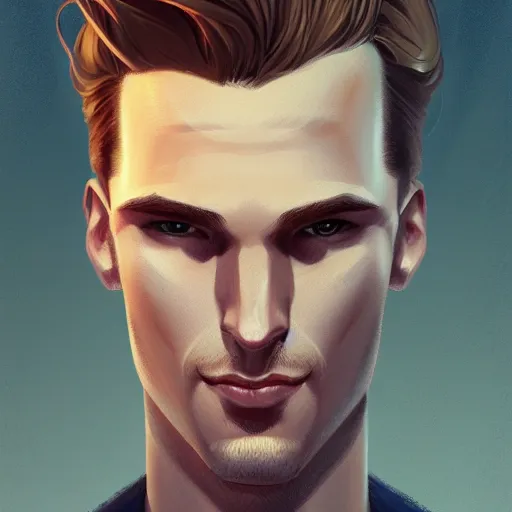 Image similar to tall man in his twenties with brown blond short quiff hair and round facial structure with cleft chin, straight eyebrows, slightly smiling, cheekbones, wide face, shadow of beard, atmospheric lighting, painted, intricate, 4 k, highly detailed by charlie bowater