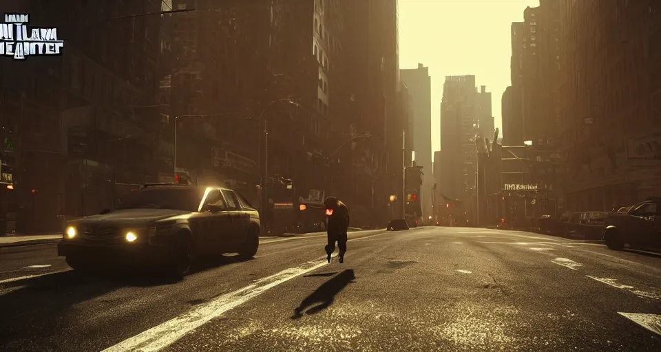 Image similar to the german shepherd of i am legend in new york, gta 5 comic style, octane render, unreal engine, sundown, empty streets