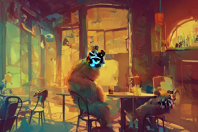 Prompt: a digital art of a cat sits on a chair in a bar in the afternoon, the sun shines in, animal, light effect, highly detailed, by anton fadeev