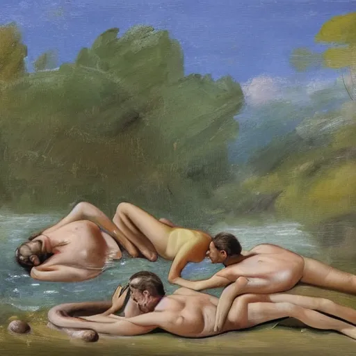 Image similar to The conceptual art depicts four bathers in a stream or river, with two men and two women. The bathers are shown in different positions, with one woman lying down and the other three standing. The conceptual art has a very naturalistic style, with trademark use of bold colors and brushstrokes. The overall effect is one of a peaceful scene, with the bathers enjoying the refreshing water. cool orange by Philip Treacy, by David Burliuk, by Mary Blair